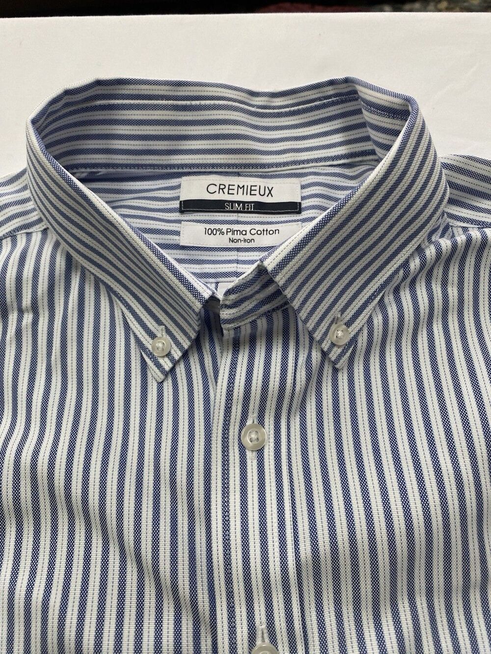 Cremieux Slim Fit Men’s Shirt Blue White Striped Pima Cotton Non-Iron L/S - Picture 2 of 7